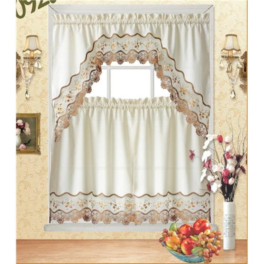 3pc Beige with Embroidery Floral Kitchen/Cafe Curtain Tier and Valance Set